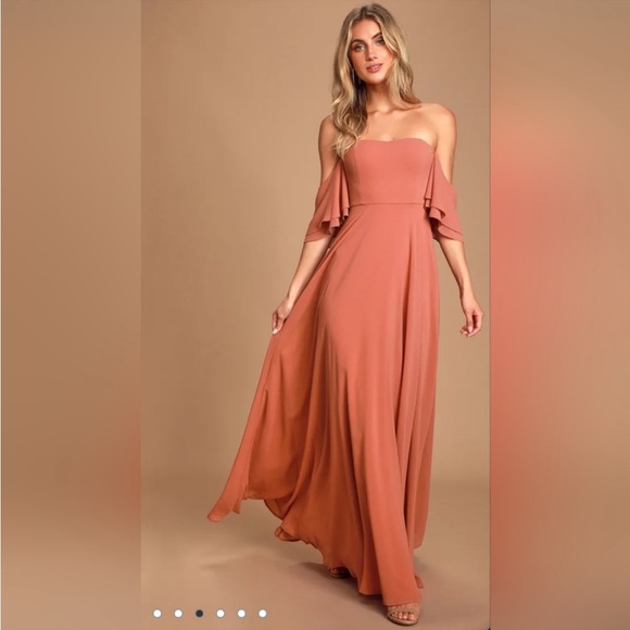 Lulu's Abbington Off-the-Shoulder Bridesmaid Maxi Dress in Dusty Rose, Size S - Picture 1 of 15